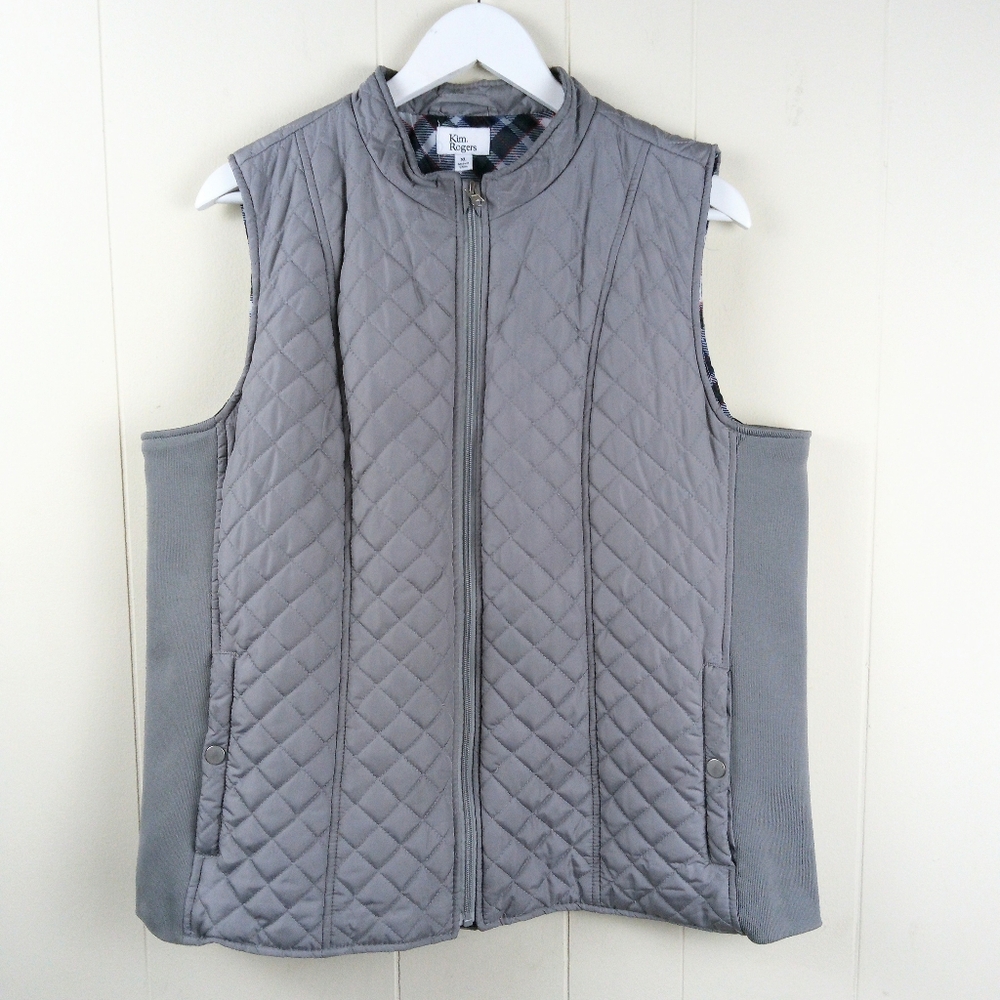 Kim Rogers Quilted Full Zip Vest Women Size XL Gray Pockets Lined Outdoor Casual